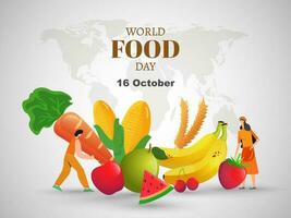 16 Outubro, mundo Comida dia bandeira ou poster Projeto com ilustração do homem e mulher, frutas, milho, cenoura e trigo em branco mundo mapa fundo. vetor