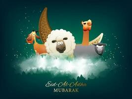 à moda texto do eid-al-adha Mubarak poster ou bandeira Projeto com ilustração do diferente animal em nublado noite Visão verde fundo. vetor