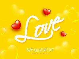 amor texto com vermelho e transparente corações decorado em amarelo fundo para feliz dia dos namorados dia, amor é dentro a ar conceito. vetor