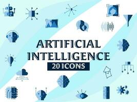 20 artificial inteligência ícone conjunto em azul e branco fundo. vetor