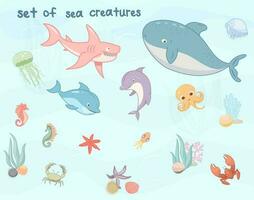 conjunto do fofa mar criaturas, marinho animais Incluindo caranguejo, medusa, polvo, golfinho, Tubarão, mar Dragão, Concha do mar, lagosta, estrela do Mar, coral, baleias, lagosta vetor