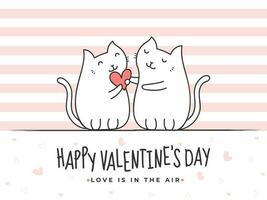 linha arte amoroso gato casal segurando coração em branco e Rosa listrado fundo para feliz dia dos namorados dia, amor é dentro a ar. vetor