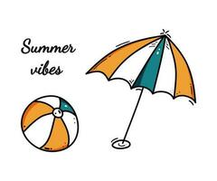 vetor ilustração escrito a mão tipo letras composição do verão vibrações com mão desenhado Sol guarda-chuva e de praia bola