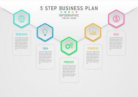 moden modelo 5 passos o negócio planejamento para sucesso hexagonal multicolorido lado a lado e centrado ícone quadrado esboço com cartas cinzento gradiente fundo projetado para marketing, finança, investimento. vetor