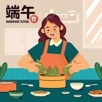 mulher cozinhando um delicioso zongzi no conceito de festival de barco dragão vetor