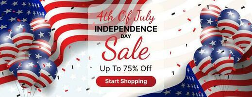 4º do Julho independência dia venda bandeira Projeto com americano bandeira, confete e balões. vetor ilustração