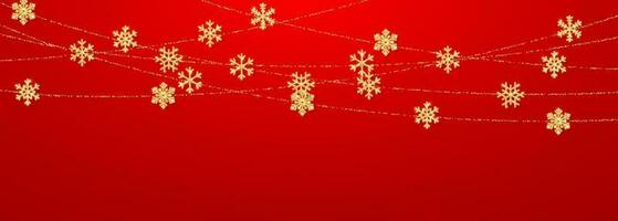 Natal ou Novo ano dourado floco de neve decoração festão em vermelho fundo. suspensão brilhar floco de neve. vetor ilustração