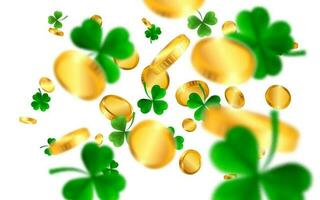 santo patrick's dia fronteira com verde quatro e árvore folha trevos e ouro moedas em branco fundo. irlandês por sorte e sucesso símbolos. vetor ilustração