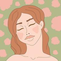 jovem mulher com fechadas olhos em uma floral fundo. mão desenhado vetor ilustração