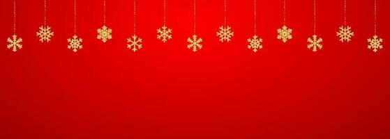 Natal ou Novo ano dourado floco de neve decoração festão em vermelho fundo. suspensão brilhar floco de neve. vetor ilustração