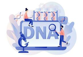 genético dna Ciência. minúsculo cientista investigando e teste dna com computador portátil dentro laboratório. gene hélice placa. laboratório equipamento. moderno plano desenho animado estilo. vetor ilustração em branco fundo