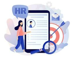 hr departamento. humano Recursos gerenciamento. Empregador contratação candidatos on-line. recrutamento agência, emprego, headhunting negócios. moderno plano desenho animado estilo. vetor ilustração em branco fundo