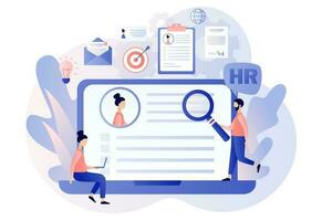 hr departamento. humano Recursos gerenciamento. Empregador Selecione% s candidatos. recrutamento agência, emprego, headhunting negócios. moderno plano desenho animado estilo. vetor ilustração em branco fundo