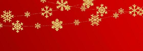 Natal ou Novo ano dourado floco de neve decoração festão em vermelho fundo. suspensão brilhar floco de neve. vetor ilustração