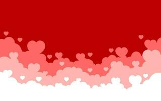 nublado céu com vermelho corações fundo. dia dos namorados dia feriado cartão. desenho animado plano estilo Projeto. vetor ilustração
