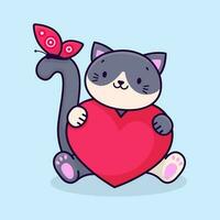uma fofa desenho animado cinzento gato detém uma Rosa coração dentro Está patas. gato e borboleta. vetor ilustração.