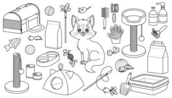 conjunto esboço do desenho animado gato e bens para animal fazer compras vetor