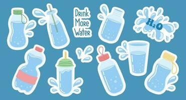 conjunto do vários containers com limpar \ limpo água, copos, garrafas. beber água conceito. adesivos, ícones, vetor