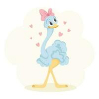 fofa desenho animado avestruz pássaro com uma arco com corações crianças ilustração, cartão postal, pastel cores, vetor
