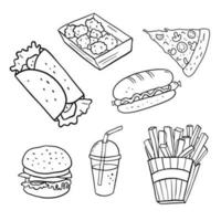 taco, hambúrguer, quente cachorro, pizza e francês fritas dentro rabisco estilo. esboço Comida ilustrações definir. linha comida rápida esboço isolado em branco vetor