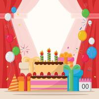 festa de aniversário com enfeite de bolo e balões vetor