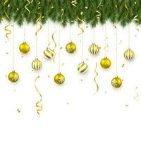 festivo Natal ou Novo ano fundo. Natal abeto galhos com confete e natal ouro bolas. feriados fundo. vetor ilustração