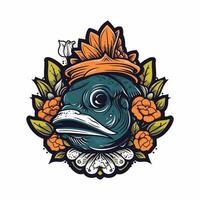 uma lindo peixe cercado de flores dentro uma logotipo ilustração, perfeito para uma inspirado na natureza marca vetor