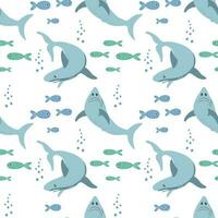 desatado padronizar com tubarões e peixes em uma branco fundo. fundo com desenho animado mar animais. bebê imprimir, vetor