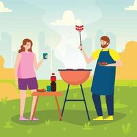 festa de churrasco em família no quintal homem grelhando comida no parque ou jardim vetor