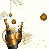 3d champanhe garrafas com suspensão bronze bugigangas, flocos de neve, fitas e fogos de artifício em branco fundo. vetor