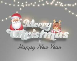 alegre Natal e feliz Novo ano Fonte com desenho animado santa Papai Noel, rena personagem e iluminação guirlandas em cinzento fundo. vetor