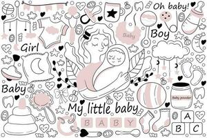 meu pequeno bebê rabisco definir. coleção do mão desenhado esboços modelos desenhando padrões do mãe segurando abraçando criança menina Garoto criança pequena. maternidade ou mães dia e infância ilustração. vetor