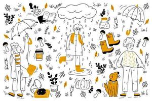 outono rabisco definir. coleção do mão desenhado esboços modelos do pessoas caminhando debaixo poring chuva o que casaco e guarda-chuva bebendo café e ouvindo depressivo música. clima estação ilustração vetor