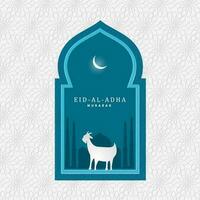 eid-al-adha Mubarak texto com silhueta cabra, mesquita e crescente lua em azul grão e branco árabe padronizar fundo. vetor