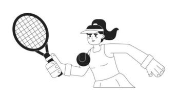 jovem hispânico mulher jogando tênis monocromático plano vetor personagem. profissional tênis torneio. editável fino linha metade corpo pessoa em branco. simples bw desenho animado local imagem para gráfico Projeto