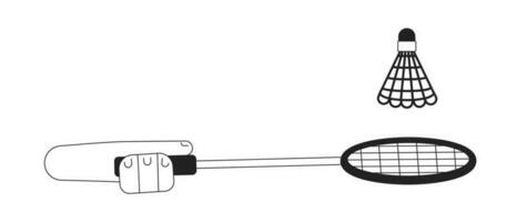 batendo peteca com badminton raquete monocromático plano vetor primeiro Visão mão. badminton Esportes. editável fino linha fechar-se pov em branco. simples bw desenho animado local imagem para rede gráfico Projeto