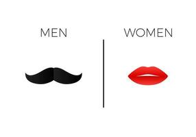 homens e mulheres ícone. masculino Preto bigode e fêmea vermelho lábios. banheiro ou banheiro rótulo. vetor ilustração isolado em branco fundo