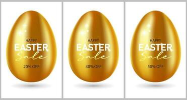 dourado Páscoa ovos e texto feliz Páscoa oferta. ícone definir. 3d luxo ilustração vetor