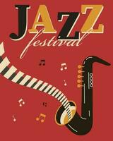 poster para internacional jazz dia, jazz festival. saxofone com piano chaves e notas. retro poster, bandeira, vetor