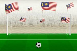 Malásia futebol equipe fãs com bandeiras do Malásia torcendo em estádio, multa pontapé conceito dentro uma futebol corresponder. vetor