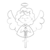 uma fofa anjo menina detém uma Cruz para batismo dia simples rabisco vetor ilustração