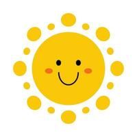 vetor sorridente Sol dentro plano Projeto. engraçado Sol com face. infantil fofa brilho do sol emoji. simples kawaii Sol com volta raios de sol. bebê brilho do sol com corar.