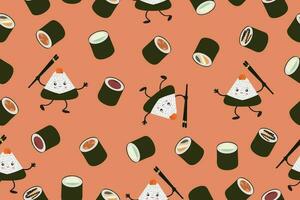 desatado padronizar do Sushi e onigiri, ilustração do fofa e kawaii Sushi personagens. vetor fundo. vetor ilustração