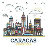 esboço Caracas Venezuela cidade Horizonte com colori histórico edifícios isolado em branco. Caracas paisagem urbana com pontos de referência. vetor
