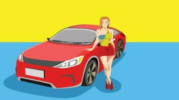 fêmea vendedor ou bonita com carro vermelho cor. apresentação e promover dentro a sala de exposições brilhante cores. vetor