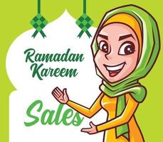 desenho animado sorridente mulher muçulmana usando hijab mostrando a tabuleta de vendas do festival vetor