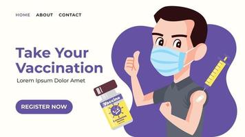 homem usando máscara cirúrgica mostrando o polegar após a vacinação para banner da web vetor