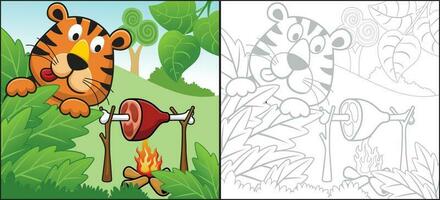 vetor desenho animado do engraçado tigre assar carne dentro floresta. coloração livro ou página