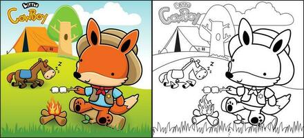 coloração livro ou página do desenho animado Raposa dentro vaqueiro traje grelhar carne dentro acampamento terra com cavalo vetor