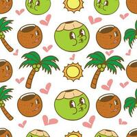 fofa kawaii coco fruta coco árvore e Sol mascote desatado padronizar vetor
